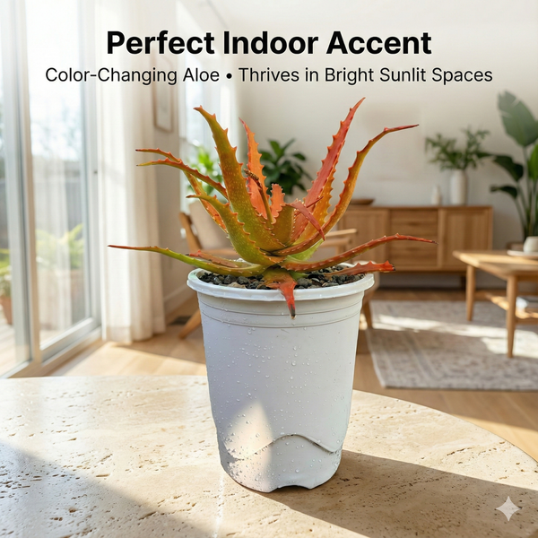 Close-up of vibrant orange-red leaves on a 9-inch Aloe cameronii specimen.