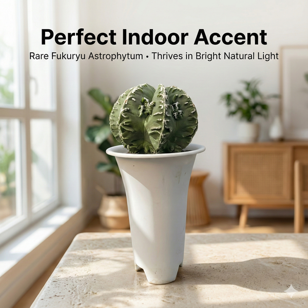 Top view of 5-inch mature Hakujo Fukuryu Astrophytum showing unique white line rib patterns.