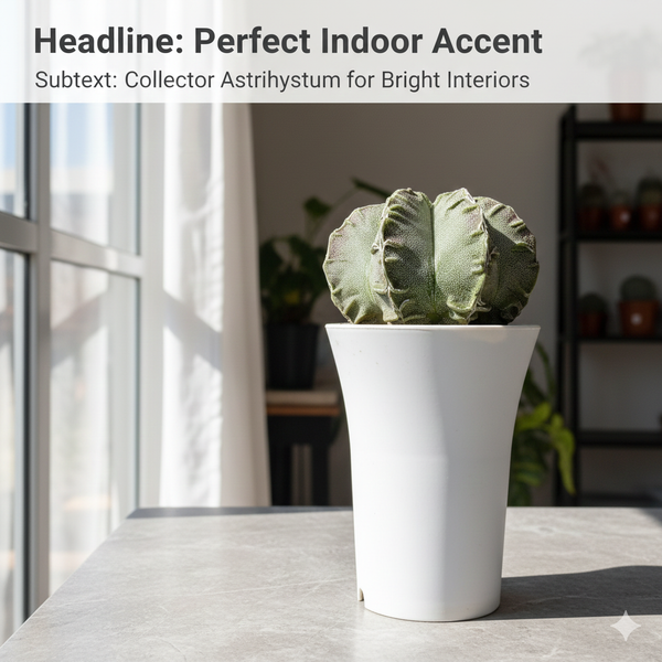 Top view of 4-inch Sazanami Fukuryu Astrophytum showing intricate ripple rib patterns.