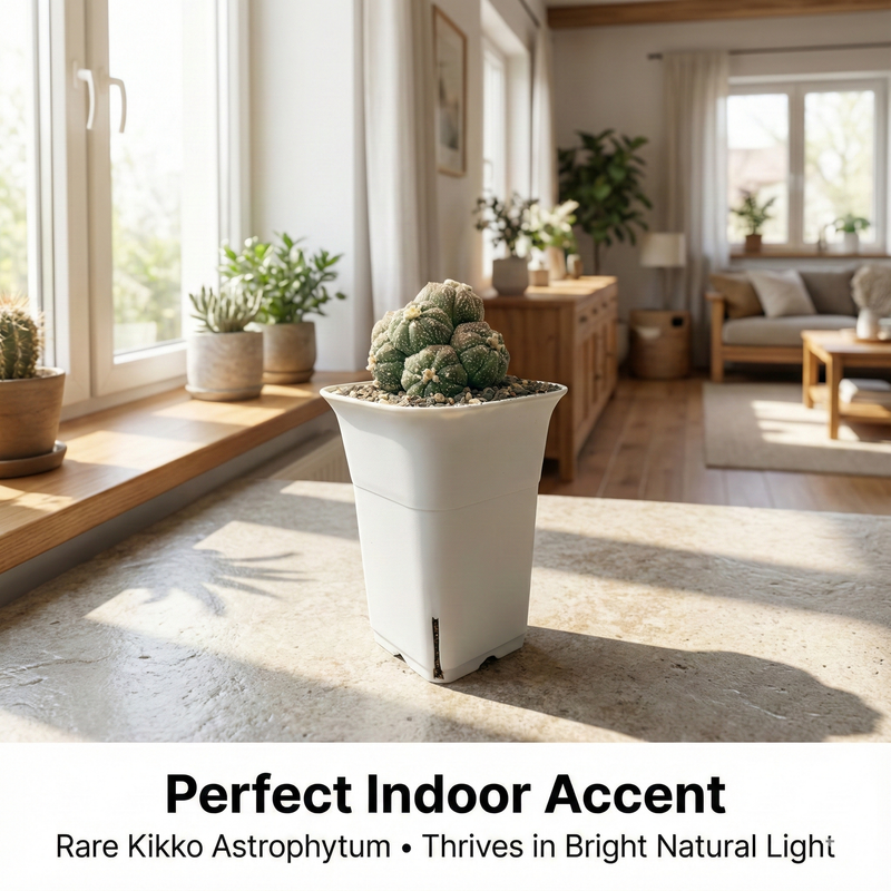 Top view of 3.5-inch Kikko Lizard Skin Astrophytum showing geometric ribbing and textured skin.