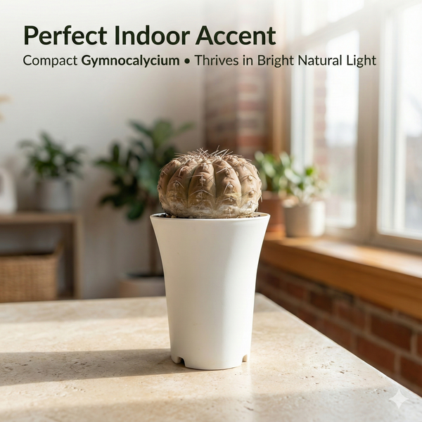 Side view of 4-inch Gymnocalycium triacanthum specimen in a white pot.